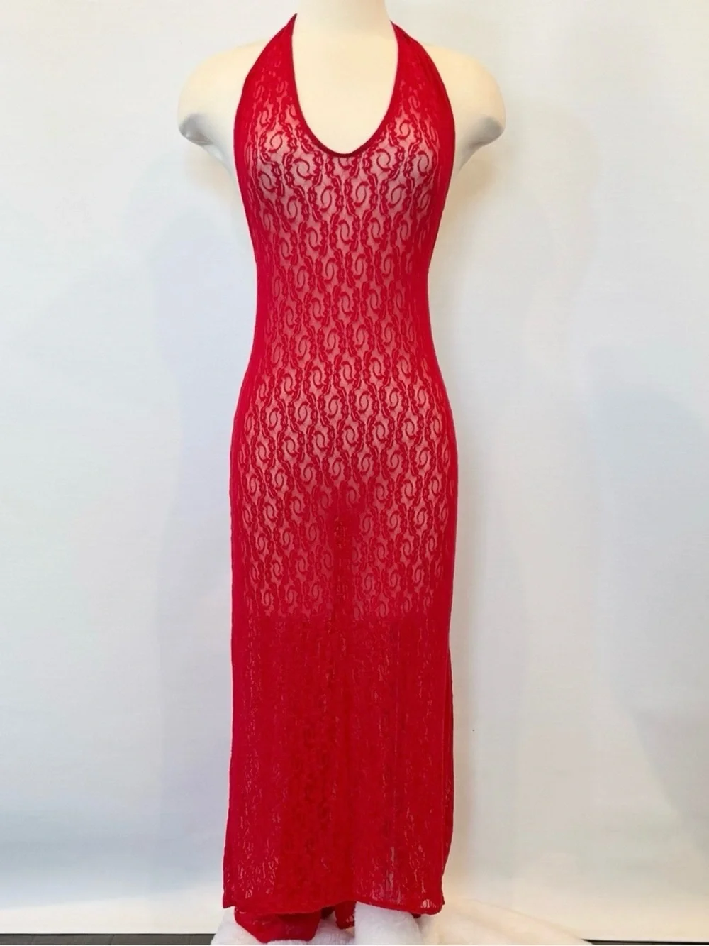 Y2K Victoria’s Secret Red Sheer Stretch Lace Train Vintage Maxi Gown Slip Dress